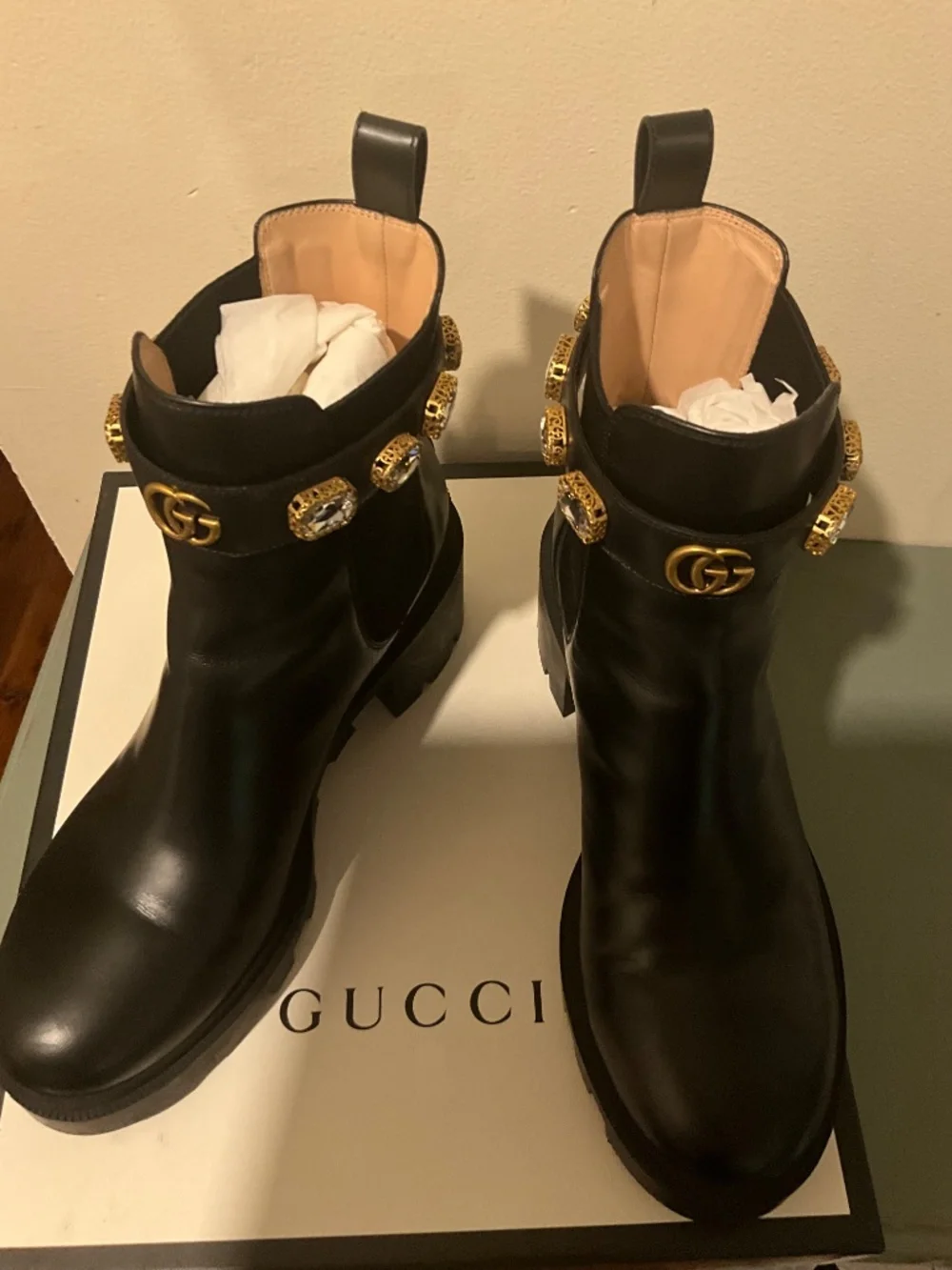Authentic Gucci women’s boot with square jewel